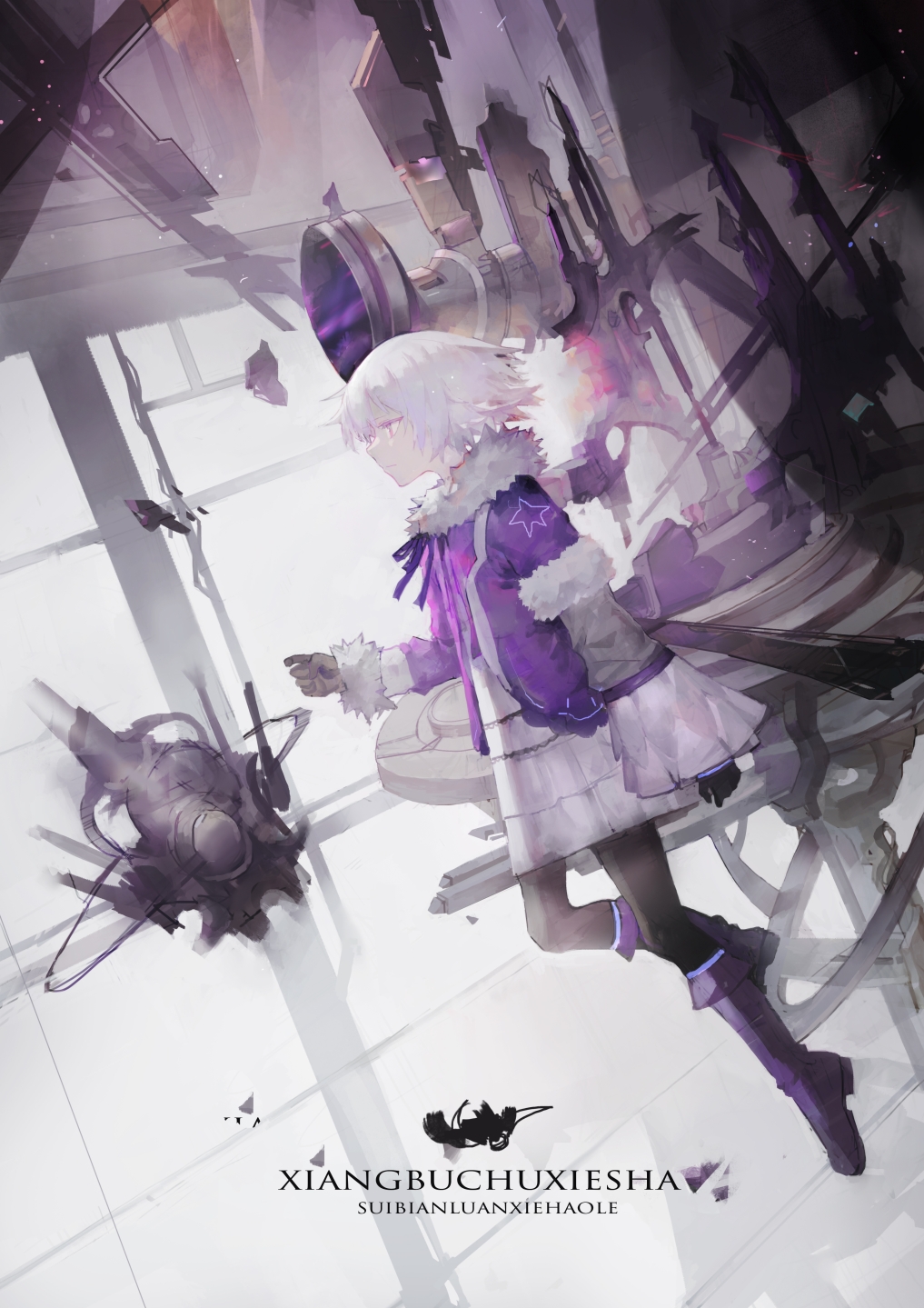 1girl, abstract, black_gloves, black_legwear, boots, chinese, dress, floating