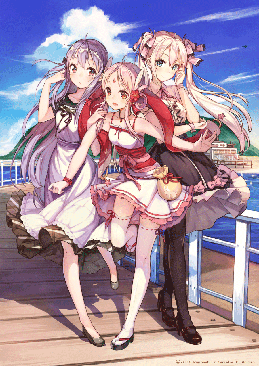 2016, 3girls, aircraft, airplane, arm_grab, bangs, beach, black_legwear, blue_eyes, boardwalk, bow, bracelet, bunny_print, clouds, collarbone, condensation_trail, dress, eyebrows, eyebrows_visible_through_hair, facial_mark, feathers, flower, forehead_mark, hair_between_eyes, hair_bow, hair_feathers, hair_flower, hair_ornament, hair_rings, hand_in_hair, high_heels, highres, jewelry, light_smile, looking_at_viewer, mary_janes, moemi_tobi, multiple_girls, obi, open_mouth, original, outstretched_arm, pantyhose, parted_bangs, parted_lips, pendant, pink_hair, pouch, puffy_short_sleeves, puffy_sleeves, purple_hair, red_eyes, sandals, sash, shoes, short_sleeves, sky, sleeveless, sleeveless_dress, slippers, standing, standing_on_one_leg, thigh-highs, watermark, white_hair, white_legwear, zettai_ryouiki