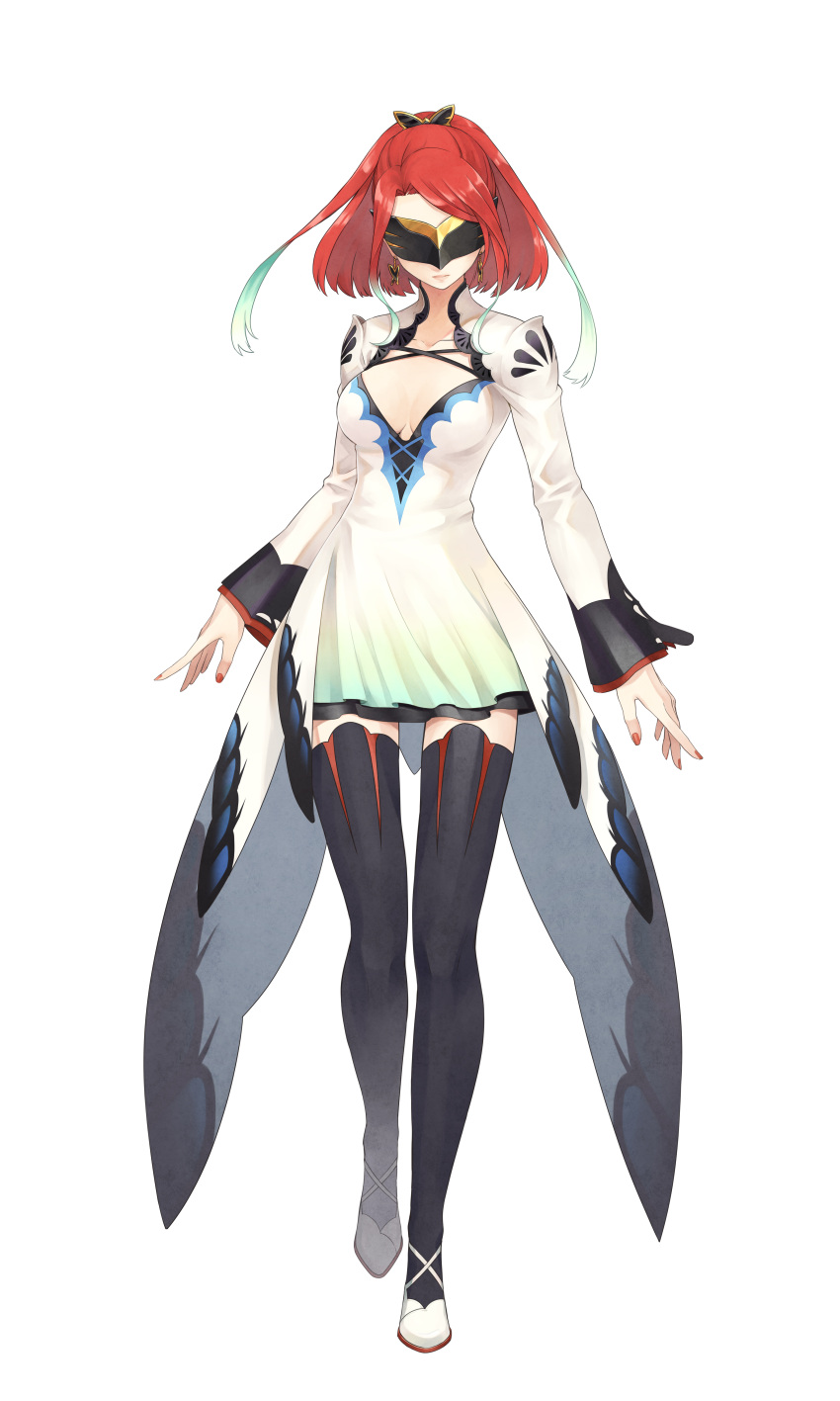 1girl, absurdres, artist_request, breasts, cleavage, dress, earrings, hair_ornament, highlights, highres, jewelry, mask, multicolored_hair, official_art, ponytail, redhead, seres_(tales), short_dress, solo, source_request, tales_of_(series), tales_of_berseria, thigh-highs, zettai_ryouiki