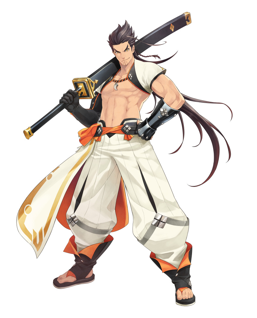 1boy, absurdres, braid, highres, long_hair, official_art, shigure_rangetsu, solo, sword, tales_of_(series), tales_of_berseria, weapon, white_background