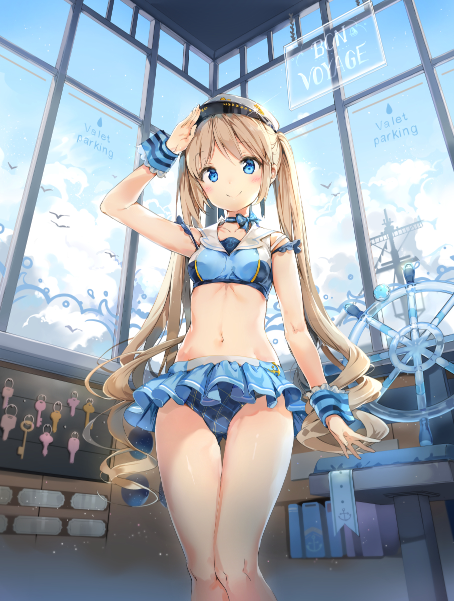 1girl, anchor_print, anmi, bikini, bird, blue_eyes, blush, breasts
