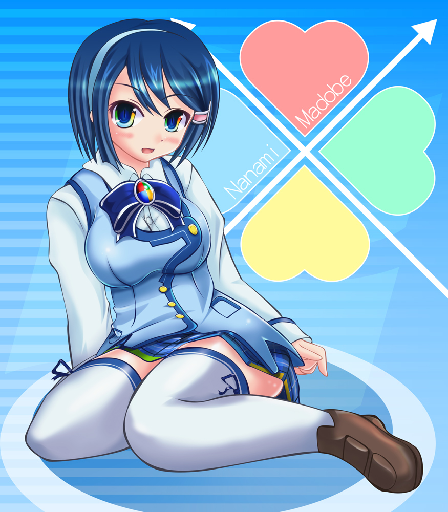 1girl, 7-tan, blue_eyes, blue_hair, breasts, character_name, frutiger_aero, hair_ornament