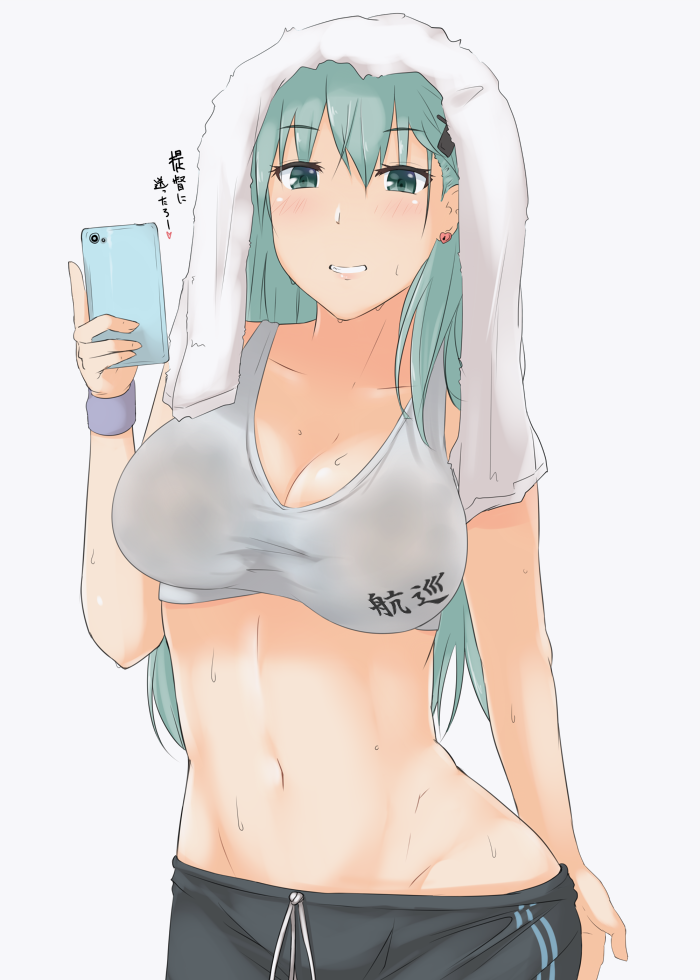 1girl, alternate_costume, aqua_eyes, aqua_hair, bangs, blush, breasts, cellphone