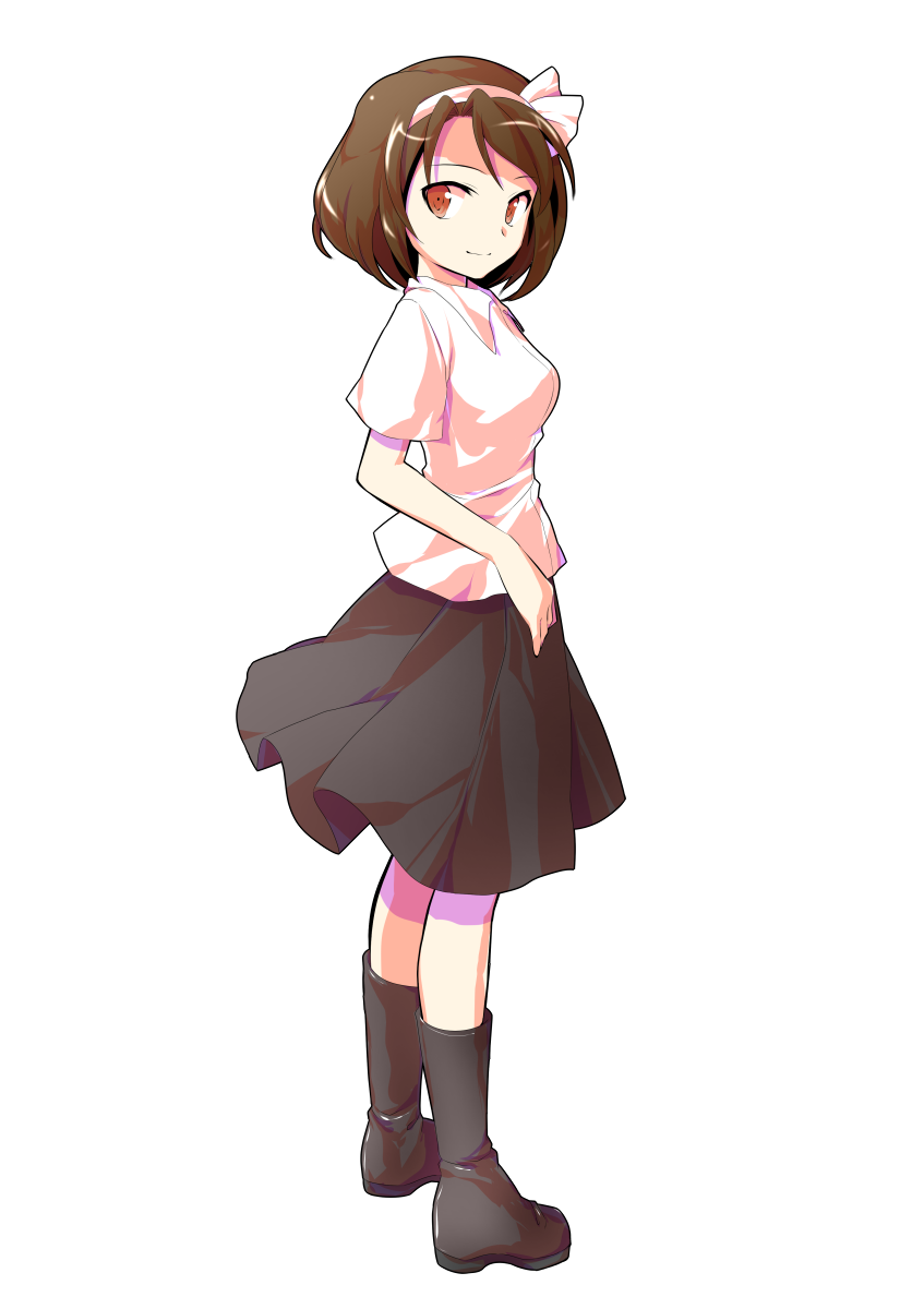 1girl, alphes_(style), brown_eyes, brown_hair, dairi, dateless_bar_"old_adam", hair_ribbon, highres, parody, ribbon, shirt, short_hair, simple_background, skirt, solo, style_parody, touhou, usami_renko, white_background
