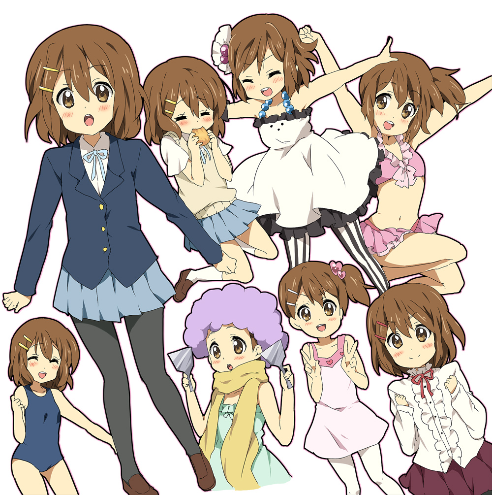 arms_up, bad_id, bikini, blazer, blush, bread, brown_hair, don't_say_"lazy"