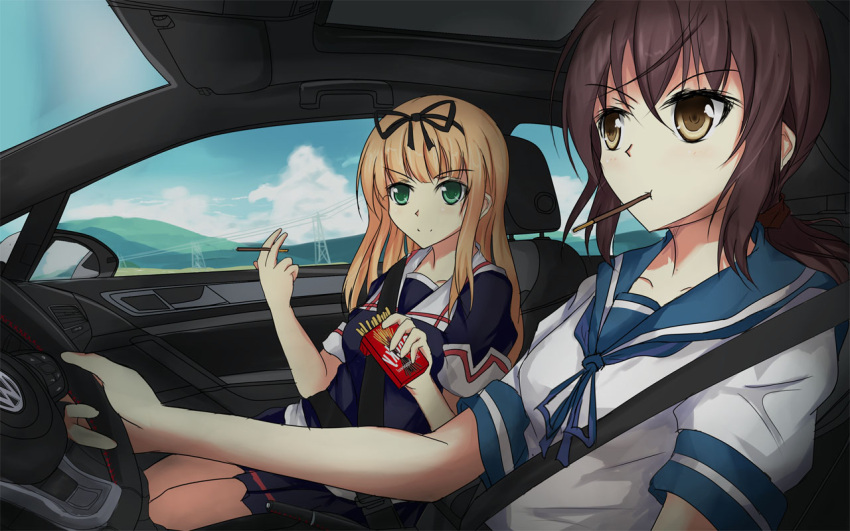 2girls, black_hair, black_ribbon, blonde_hair, brown_eyes, car, car_interior, driving, fubuki_(kantai_collection), green_eyes, ground_vehicle, hair_ribbon, kantai_collection, left-hand_drive, long_hair, motor_vehicle, mountain, mouth_hold, multiple_girls, pocky, power_lines, ribbon, school_uniform, seatbelt, serafuku, tianyu_jifeng, volkswagen, volkswagen_golf_gti, yuudachi_(kantai_collection)