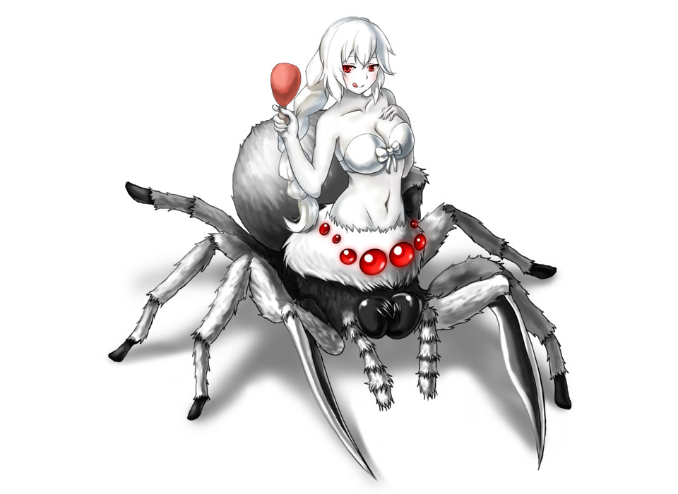 1girl, :q, artist_request, blush, breasts, hand_on_own_chest, insect_girl, kumo-chan
