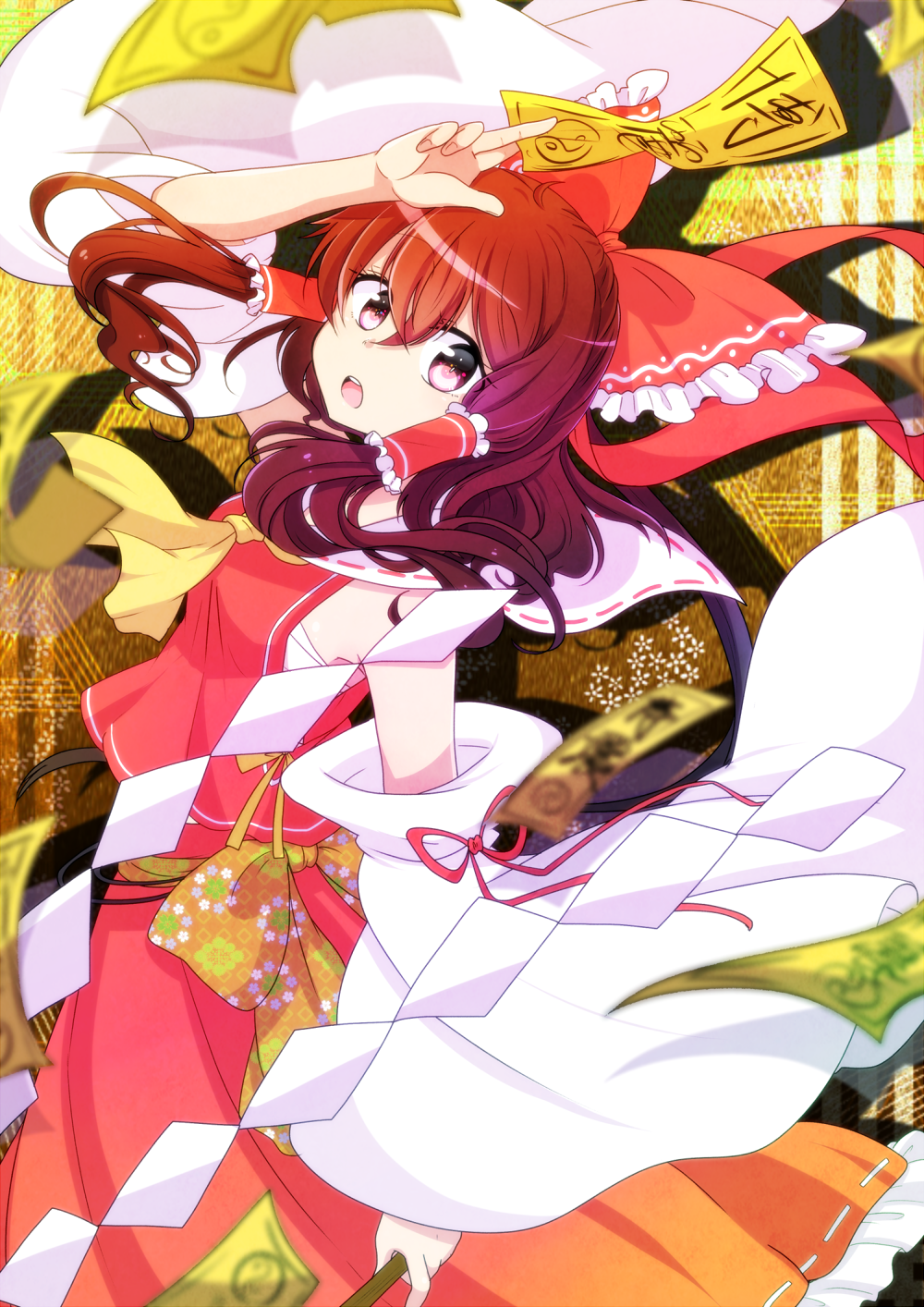 1girl, :o, ahoge, arms_up, ascot, blurry, bow, brown_hair, depth_of_field, detached_sleeves, floral_print, gohei, hair_between_eyes, hair_ribbon, hair_tubes, hakurei_reimu, highres, looking_at_viewer, ofuda, pina710, pink_eyes, red_bow, red_ribbon, ribbon, ribbon_trim, sarashi, sidelocks, solo, touhou, wide_sleeves