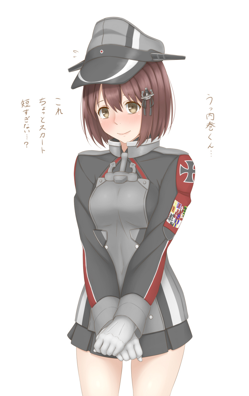 1girl, anchor, anchor_hair_ornament, bangs, blazer, blush, breasts, brown_eyes