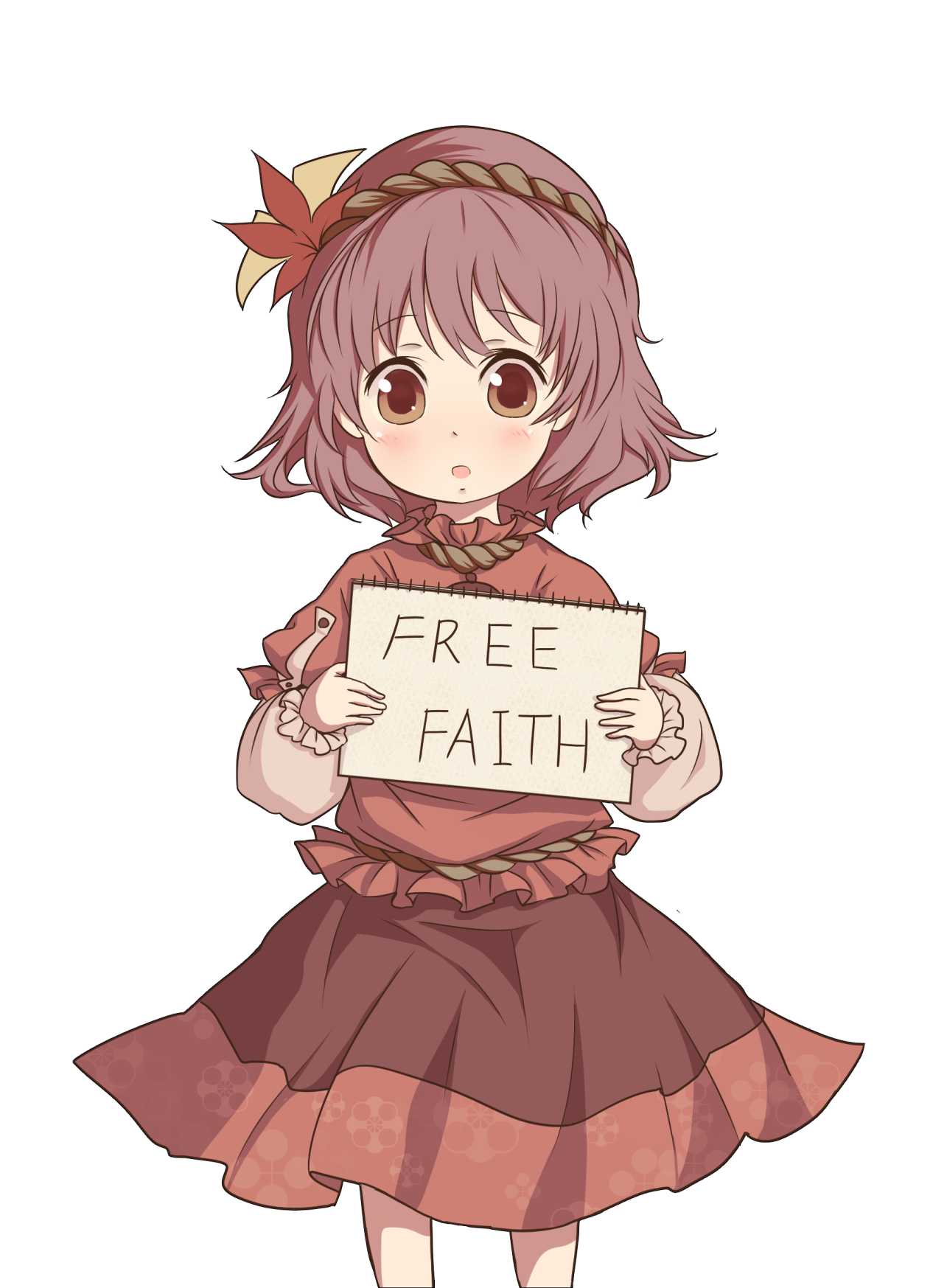 1girl, autumn_leaves, blush, brown_eyes, cowboy_shot, english, highres, holding_sign