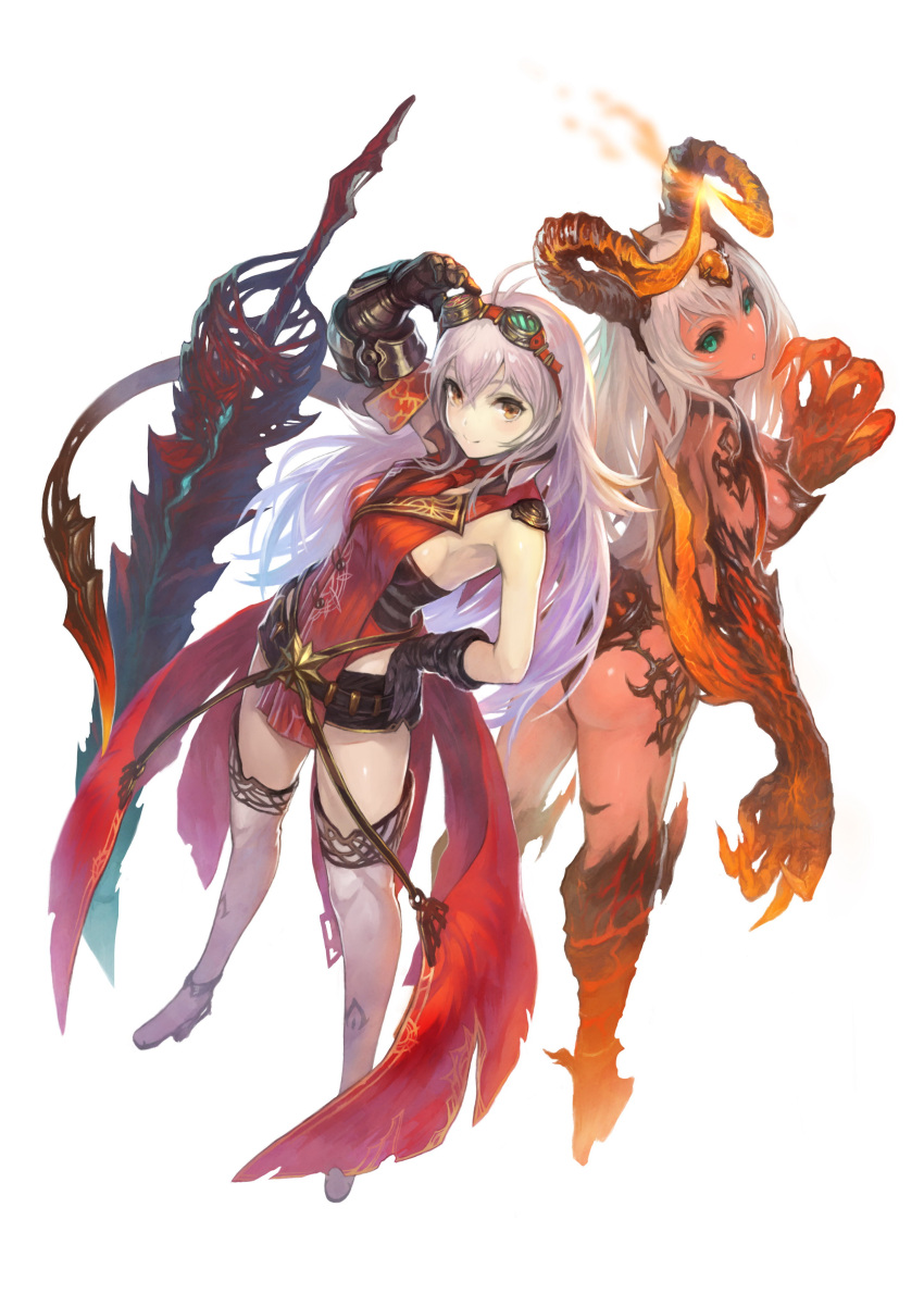 2girls, absurdres, alternate_form, arnas_(yoru_no_nai_kuni), belt, boots, breasts, demon_girl
