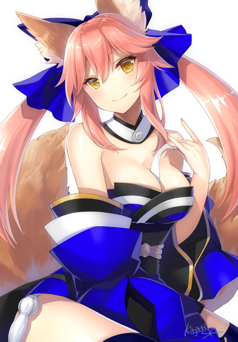 1girl, animal_ears, bare_shoulders, between_breasts, blue_bow, blue_legwear, blue_ribbon, blush