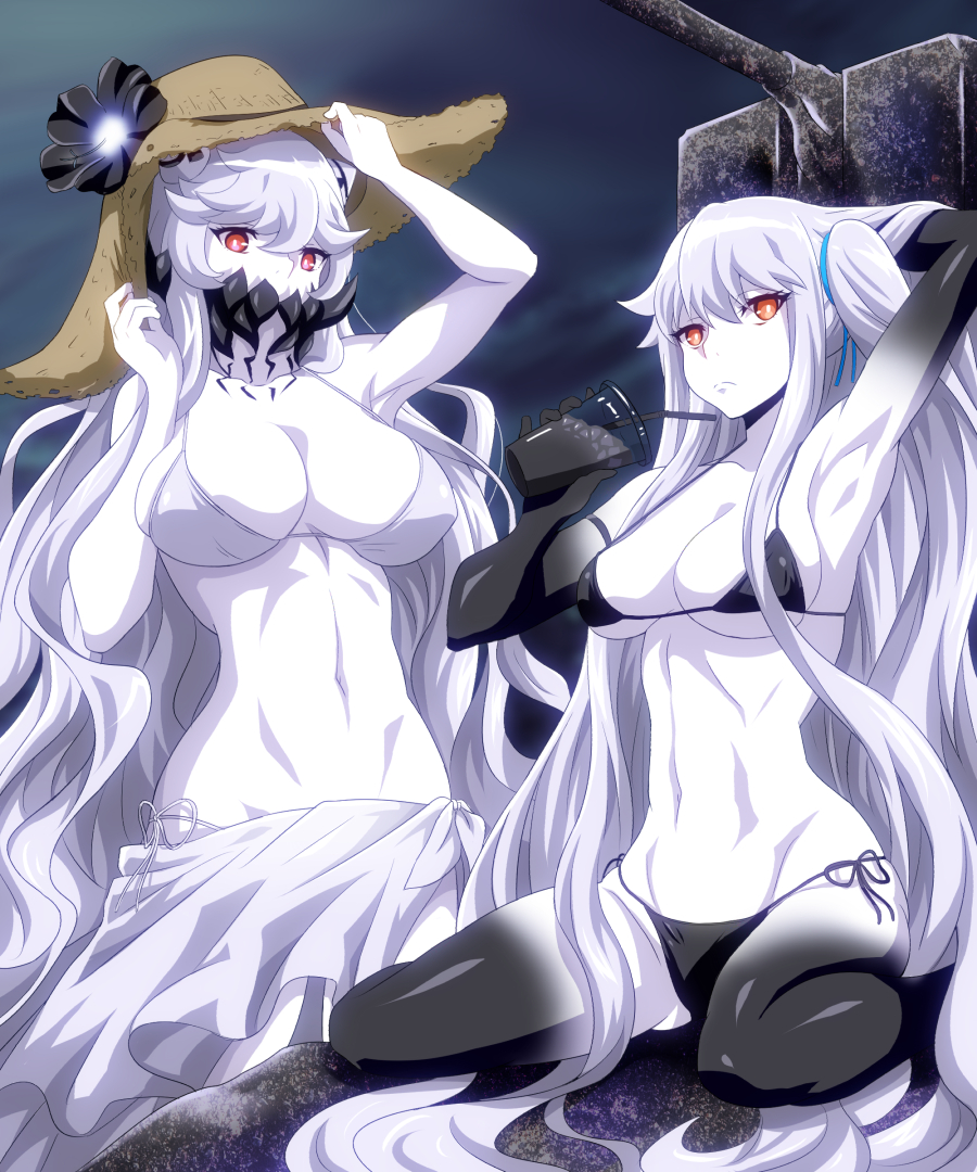 2girls, aircraft_carrier_hime, alternate_costume, arm_behind_head, arm_up, bikini, black_bikini, breasts