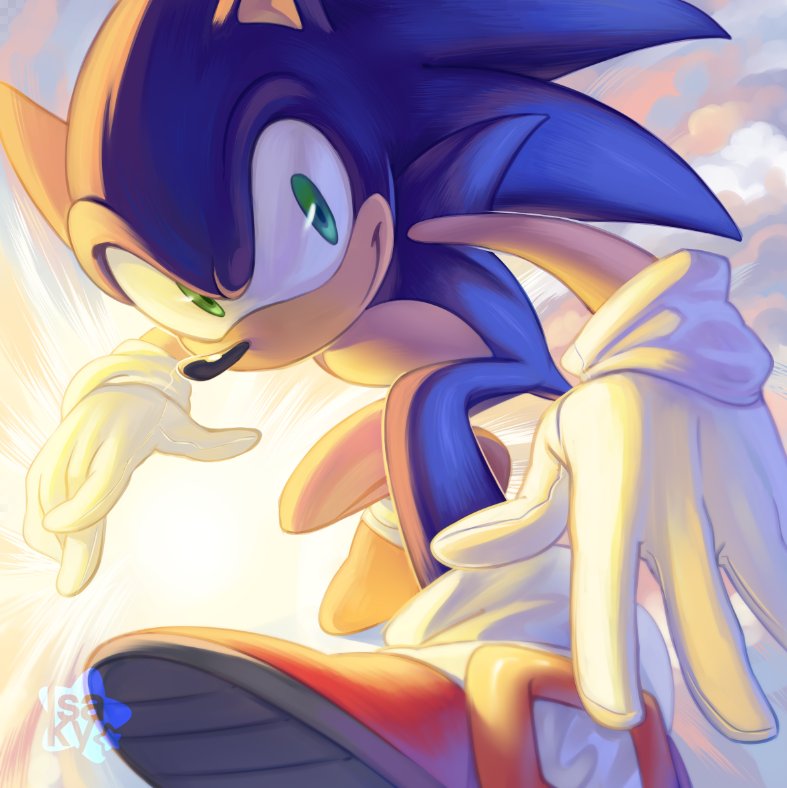 1boy, anniversary, artist_logo, artist_name, blue_fur, blue_hair, gloves, green_eyes, isakysaku, looking_at_viewer, male_focus, no_humans, shoes, smile, sneakers, socks, solo, sonic, sonic_(series), sonic_the_hedgehog, sunlight, watermark, white_gloves