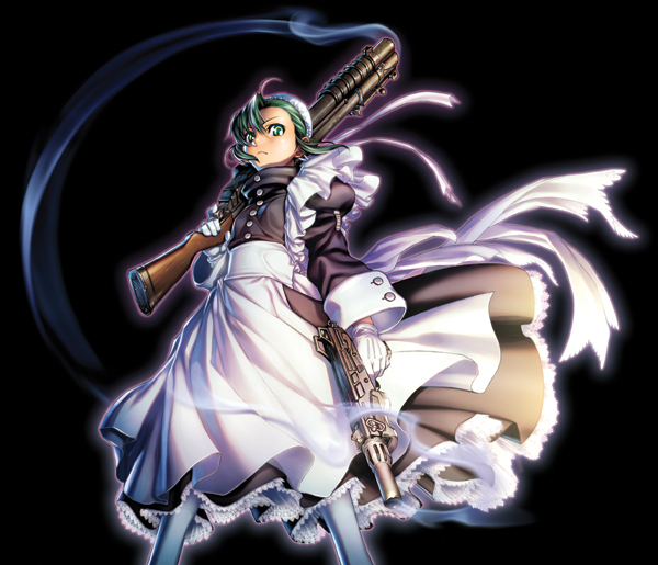 apron, black_lagoon, bun_cover, dual_wielding, fabiola_iglesias, frills, gloves, green_eyes