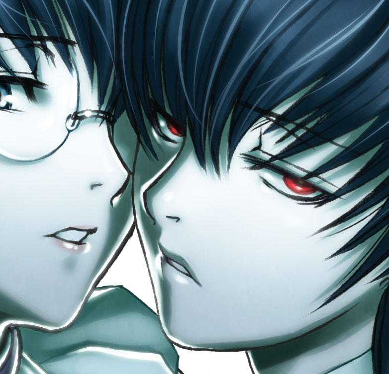 black_lagoon, close-up, dual_persona, glasses, hiroe_rei, red_eyes, roberta, sawyer_the_cleaner