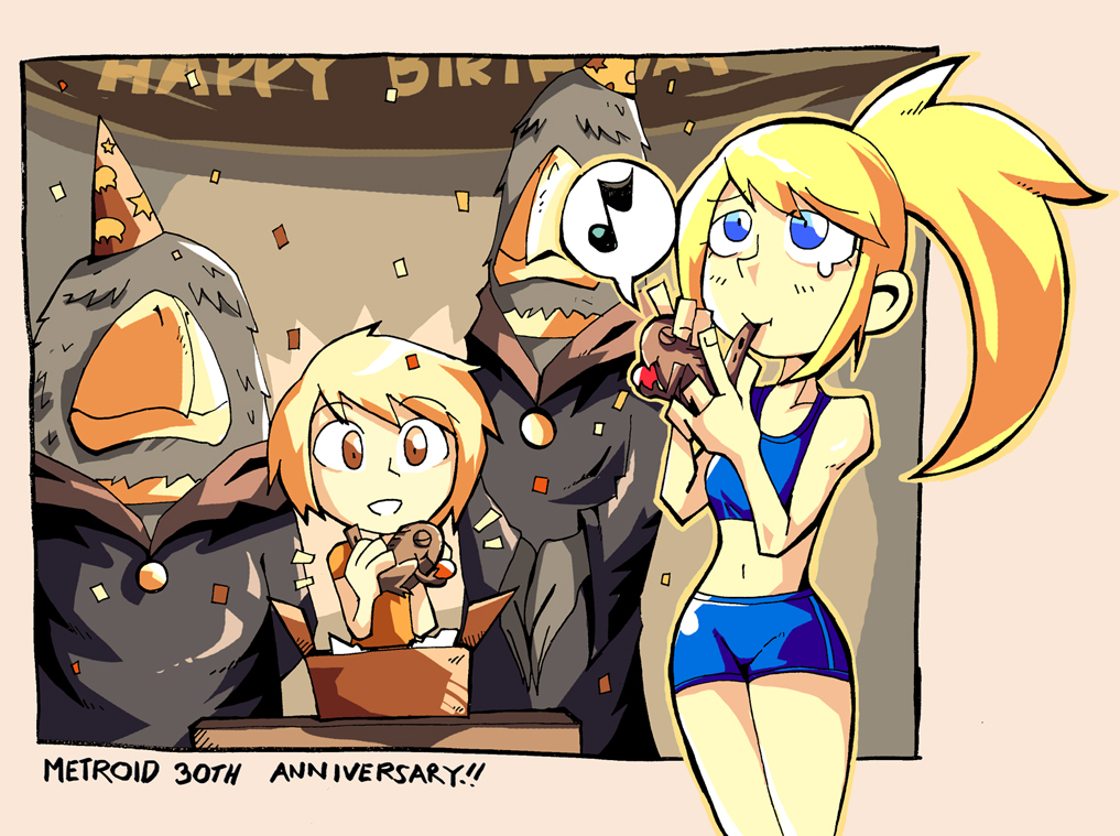 1girl, anniversary, beak, birthday, blonde_hair, blue_eyes, brown_eyes, chozo