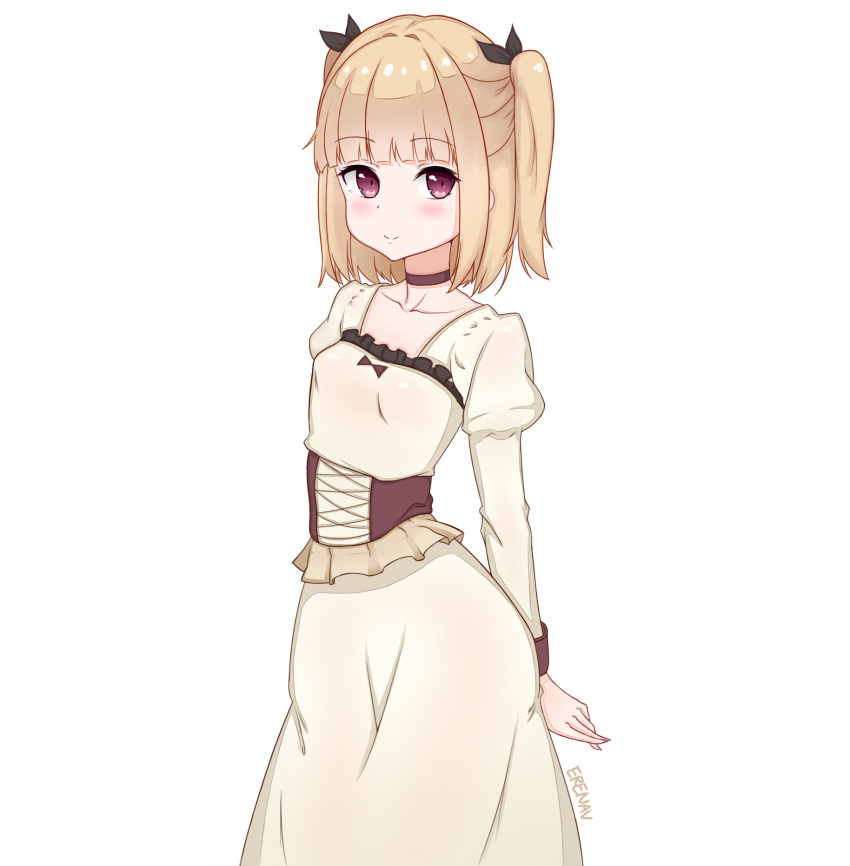 1girl, arms_behind_back, bangs, blonde_hair, blunt_bangs, blush, contrapposto, corset, dress, erenav, frills, highres, iijima_yun, lolita_fashion, looking_at_viewer, new_game!, red_eyes, short_hair, smile, solo, two_side_up