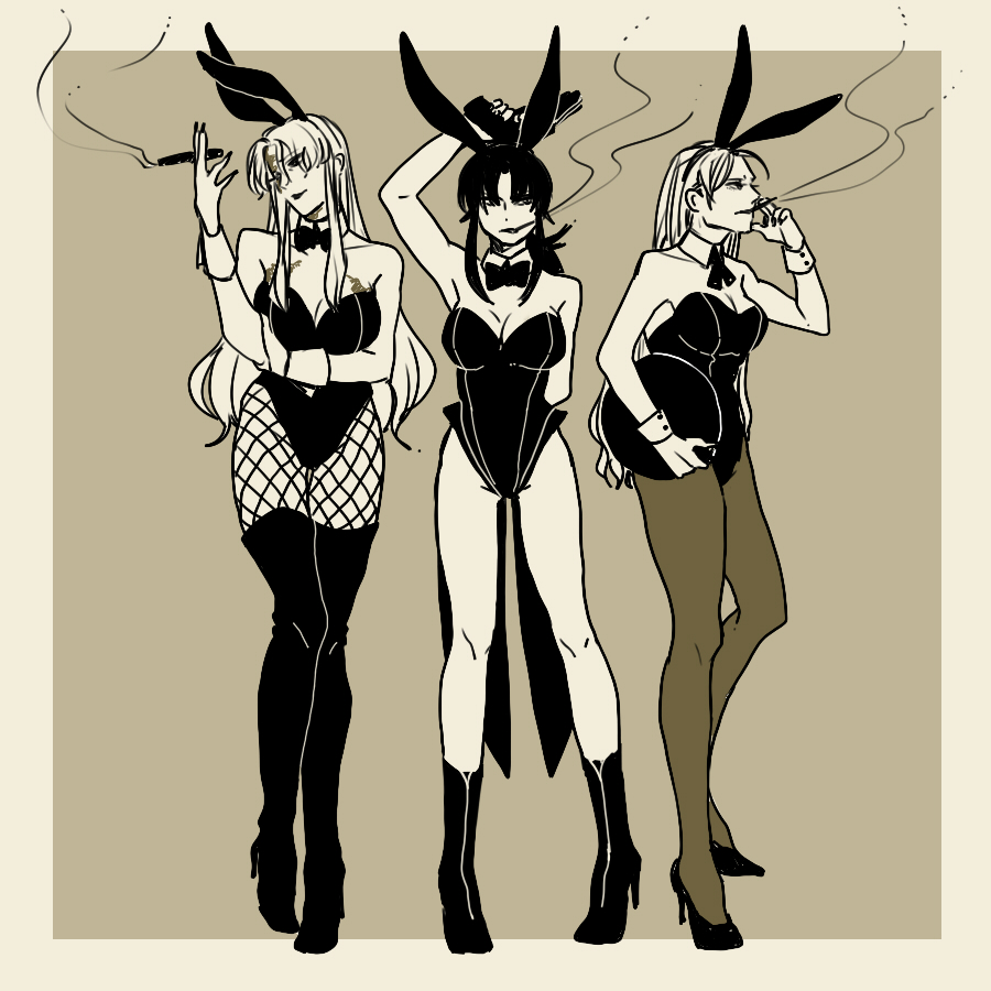 3girls, animal_ears, arm_behind_back, balalaika_(black_lagoon), bare_shoulders, black_lagoon, boots, bow