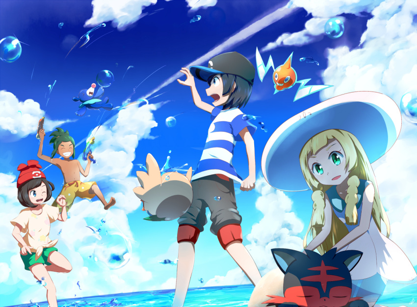 2boys, 2girls, bangs, bare_legs, baseball_cap, beanie, black_hair, blonde_hair