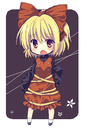 bad_id, bow, brown_eyes, buttons, chibi, dress, hair_bow, kurodani_yamame