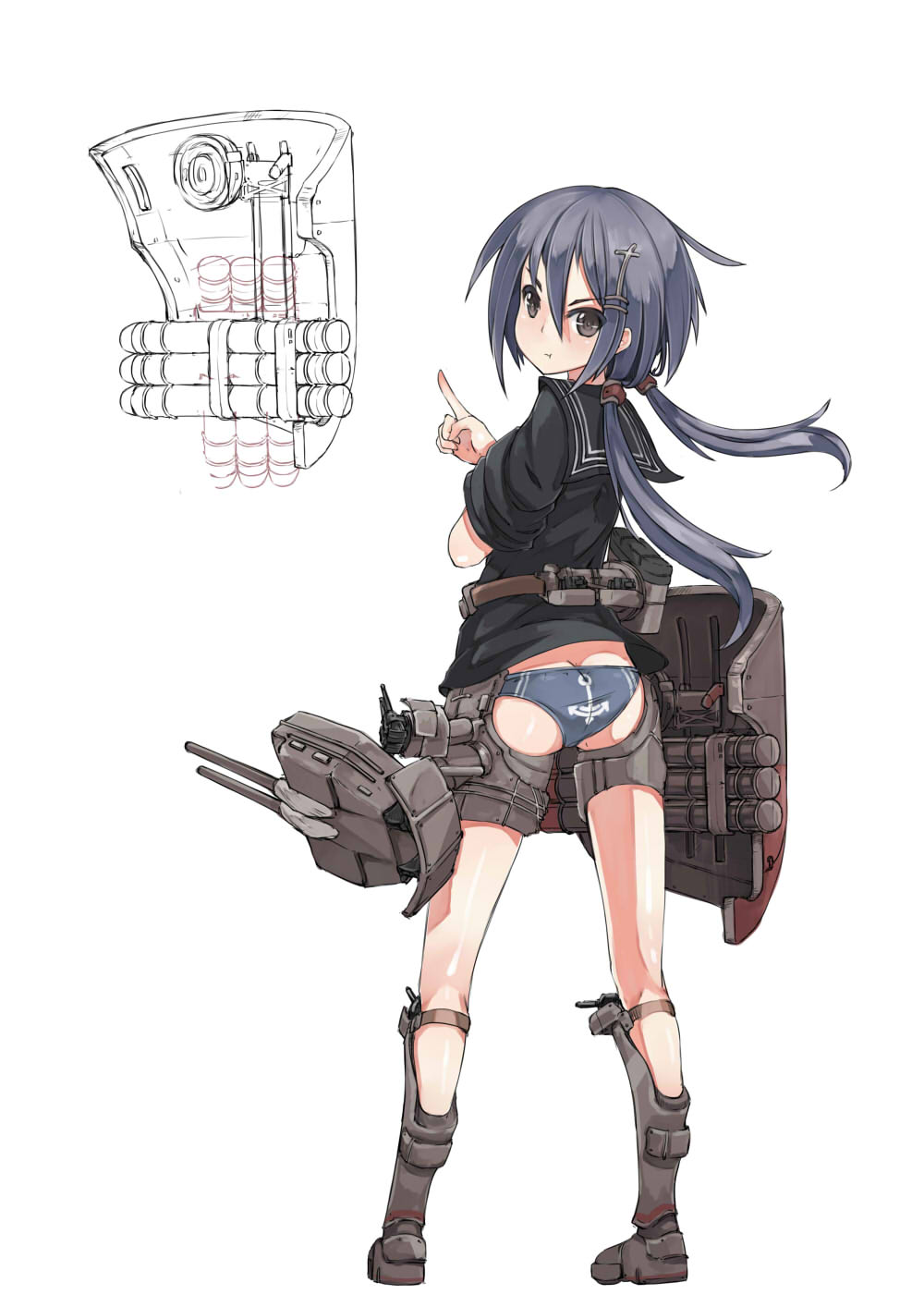 1girl, anchor_symbol, ass, belt, black_serafuku, blue_hair, blue_panties, boots, bottomless, brown_eyes, cannon, crossed_arms, from_behind, full_body, hair_ornament, hairclip, highres, ikazuchi_(zhan_jian_shao_nyu), long_hair, looking_at_viewer, looking_back, low_twintails, panties, pointing, pout, school_uniform, serafuku, short_sleeves, simple_background, solo, standing, stmaster, thigh_strap, torpedo, twintails, underwear, white_background, zhan_jian_shao_nyu