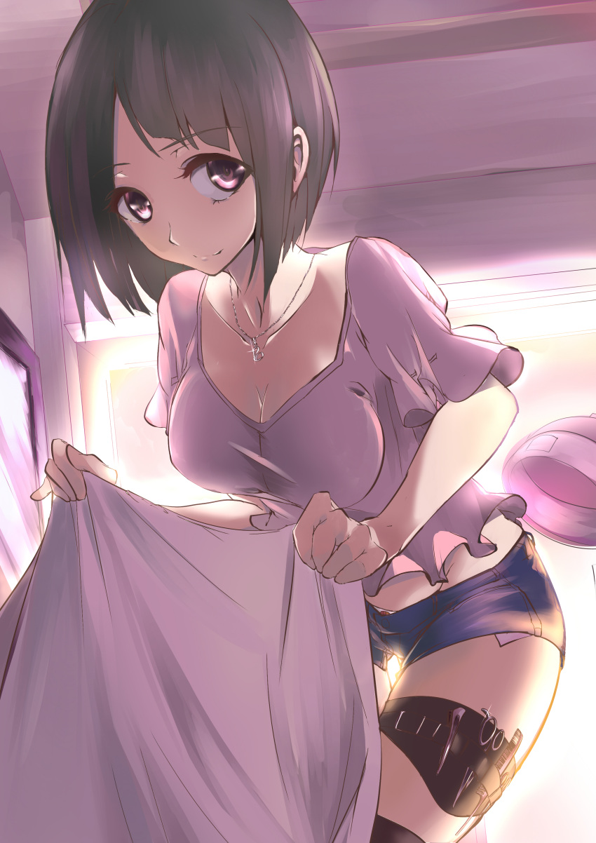 1girl, absurdres, aoi_lavender, bed_sheet, breasts, brown_hair, cleavage, collarbone