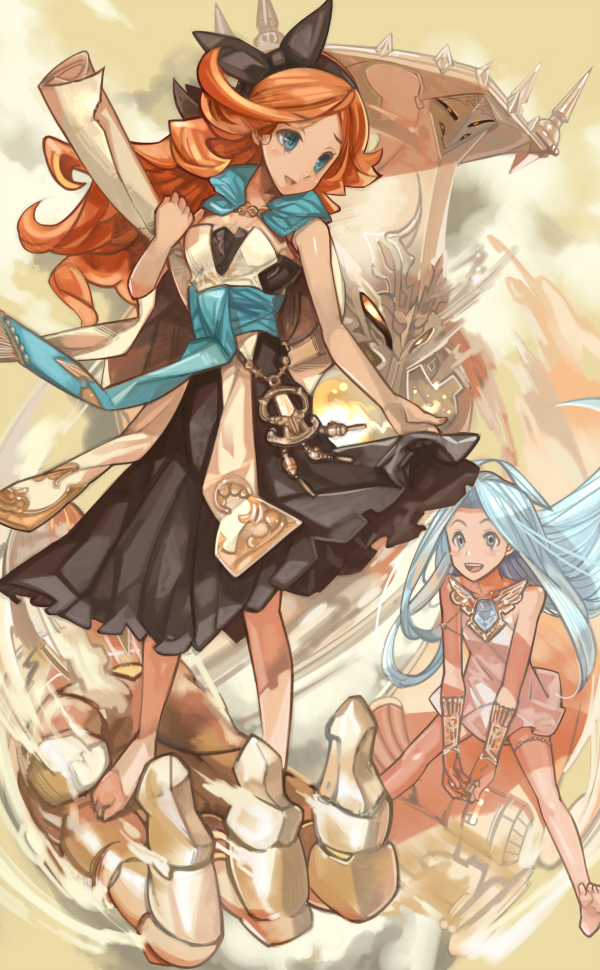 2girls, :d, ahoge, bare_arms, bare_legs, bare_shoulders, black_bow, blue_eyes