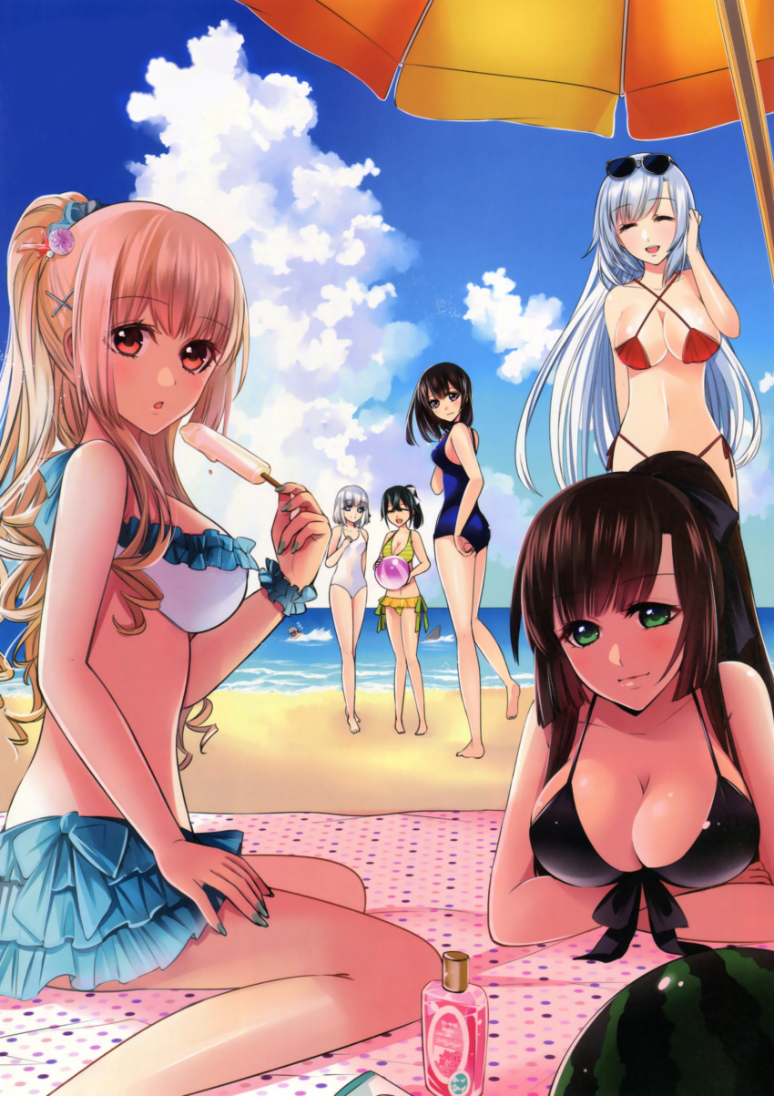 6+girls, absurdres, aiba_asagi, akatsuki_kojou, akatsuki_nagisa, beach, bikini, bikini_skirt