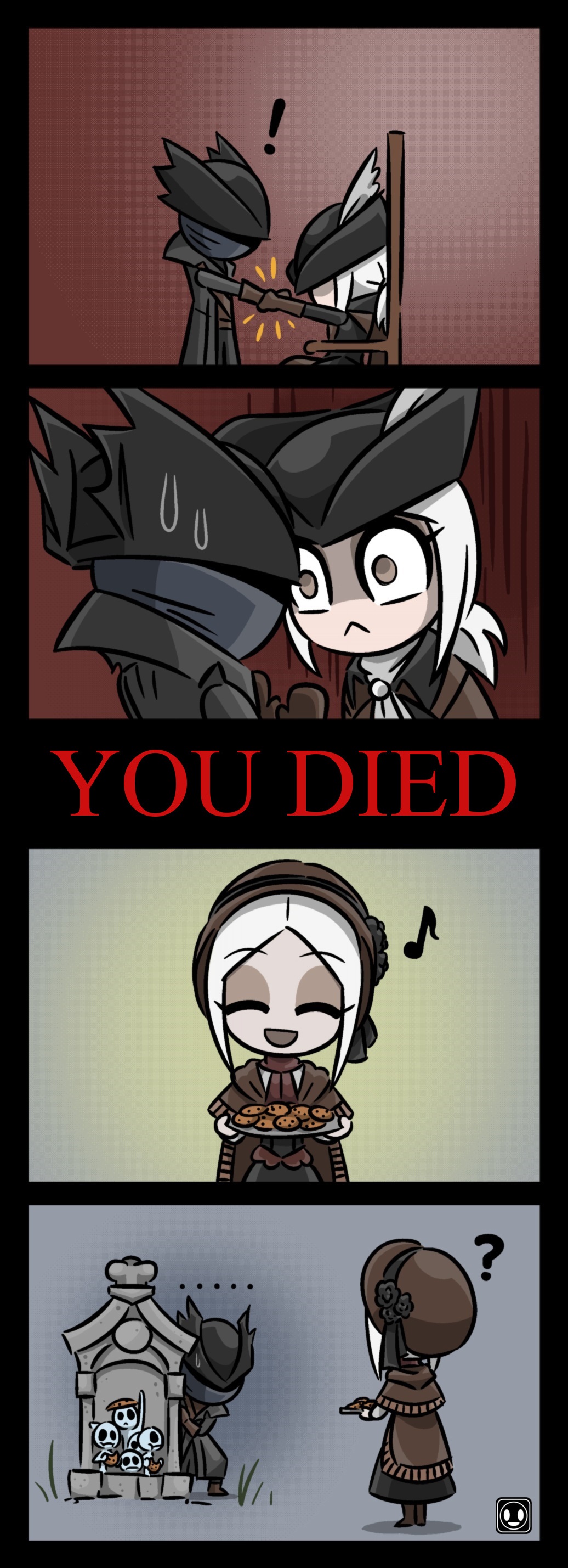 !, 1boy, 2girls, ?, absurdres, ascot, blonde_hair, bloodborne, chibi, closed_eyes, cookie, covering_face, dress, eating, food, gloves, grabbing, hat, hiding, highres, holding_hands, hunter_(bloodborne), lady_maria_of_the_astral_clocktower, long_hair, messengers_(bloodborne), multiple_girls, musical_note, open_mouth, plain_doll, scared, smile, the_old_hunters