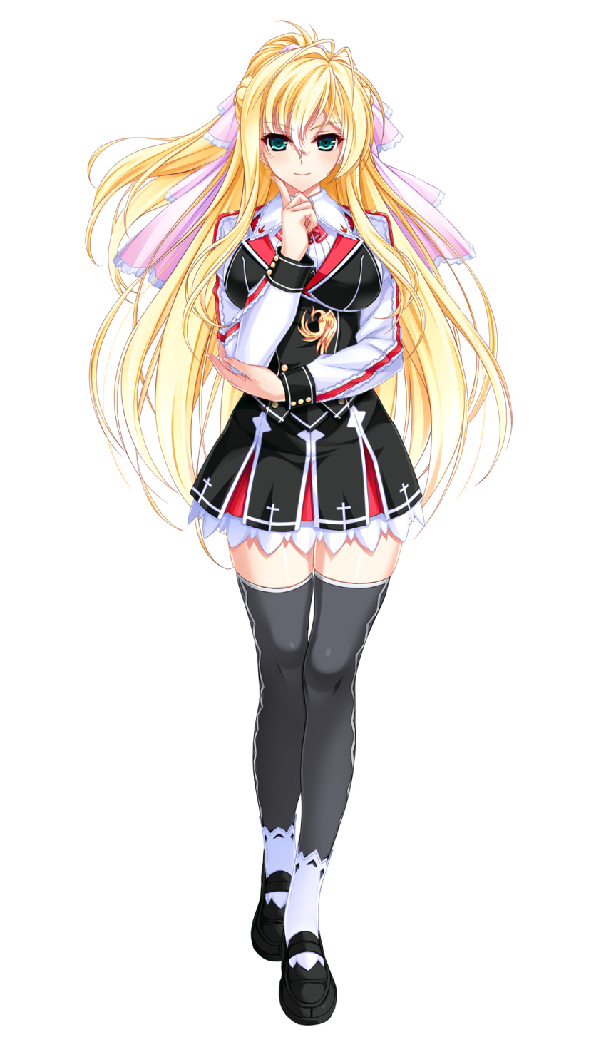 1girl, amasaka_takashi, aqua_eyes, black_legwear, blonde_hair, female, full_body, hand_on_own_chin