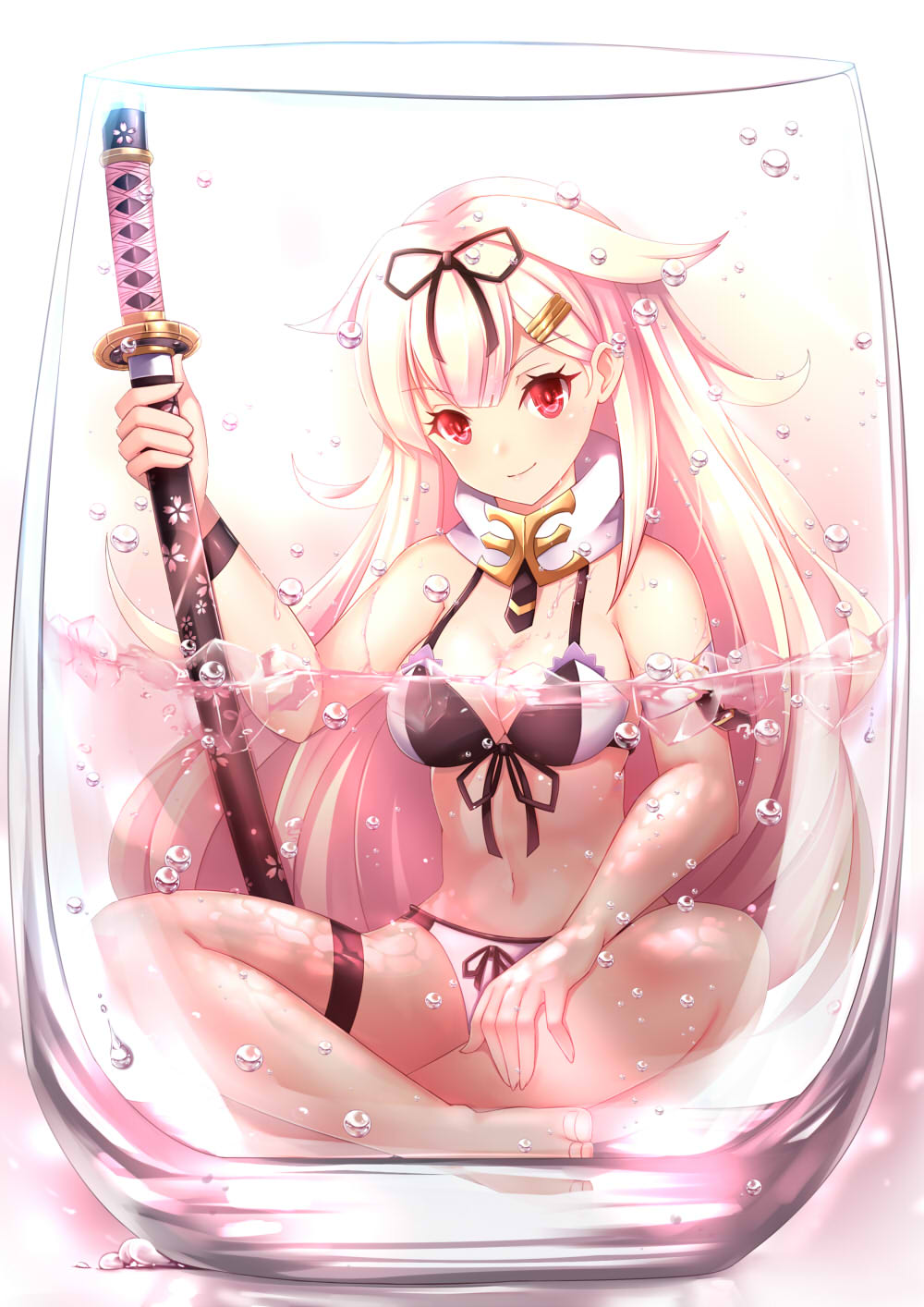 1girl, aata1007, air_bubble, bangs, bare_legs, barefoot, bikini, black_ribbon