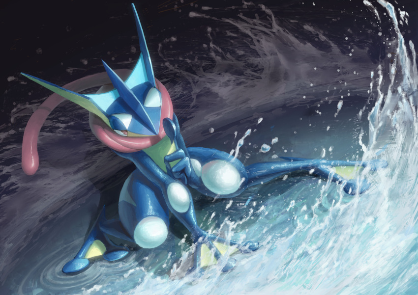 absurdres, blue_skin, frog, greninja, hand_seal, highres, long_tongue, no_humans
