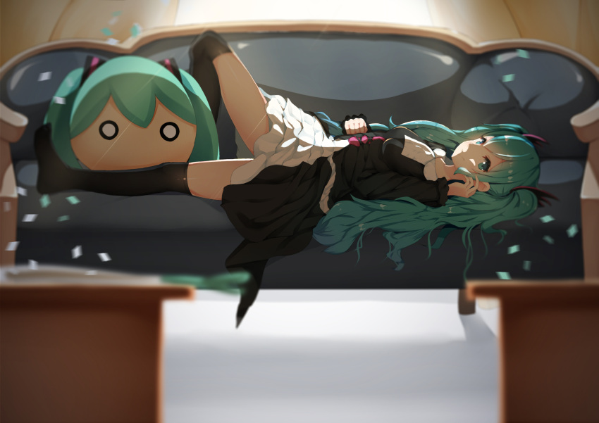 1girl, absurdres, black_legwear, blurry, couch, depth_of_field, dragon_xiuluo, dress