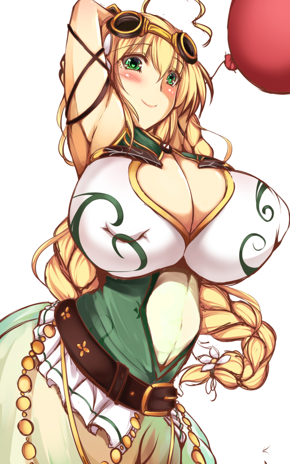 1girl, arm_up, armpits, balloon, balloon_vine_(flower_knight_girl), blonde_hair, blush, braid