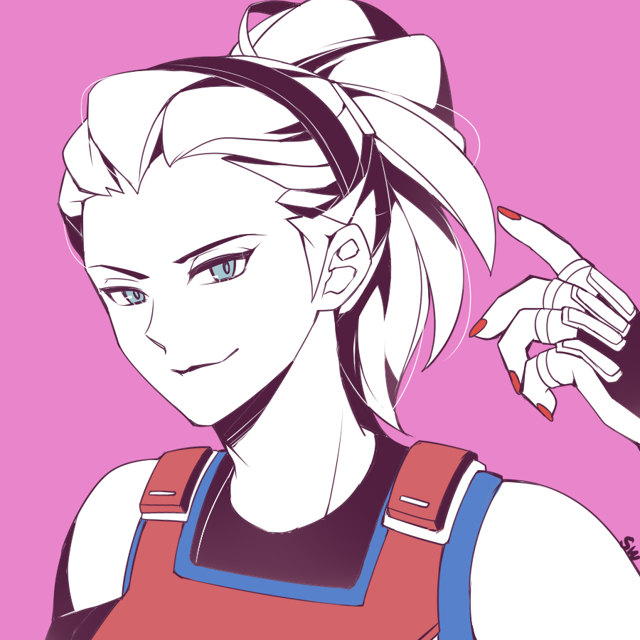 1girl, 2016_summer_olympics, alternate_costume, alternate_hair_length, alternate_hairstyle, artist_name, atobesakunolove, bare_shoulders, blue_eyes, fingerless_gloves, fingernails, gloves, hairband, hand_up, limited_palette, long_fingernails, looking_at_viewer, nail_polish, olympics, overwatch, pink_background, ponytail, red_nails, simple_background, sleeveless, smile, solo, upper_body, zarya_(overwatch)