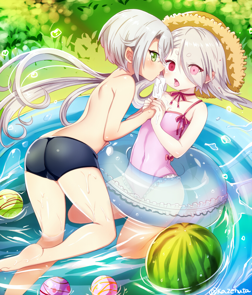 2boys, ass, ball, choker, eyes_visible_through_hair, food, frilled_swimsuit, frills