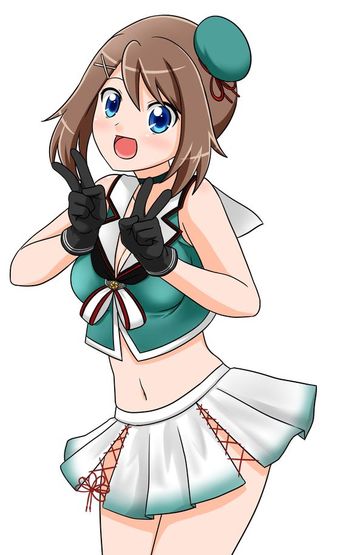 1girl, blue_eyes, brown_hair, cosplay, crossover, double_v, gloves, haruka_(pokemon), hasemi_shiruku, hat, kantai_collection, maya_(kantai_collection), maya_(kantai_collection)_(cosplay), pokemon, pokemon_(anime), v