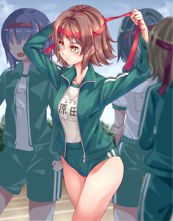 4girls, black_hair, blue_hair, brown_hair, buruma, headband, jacket, mendou_saya