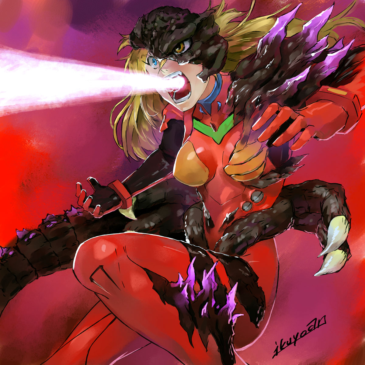 1girl, attack, bangs, blonde_hair, blue_eyes, bodysuit, bracer, breasts