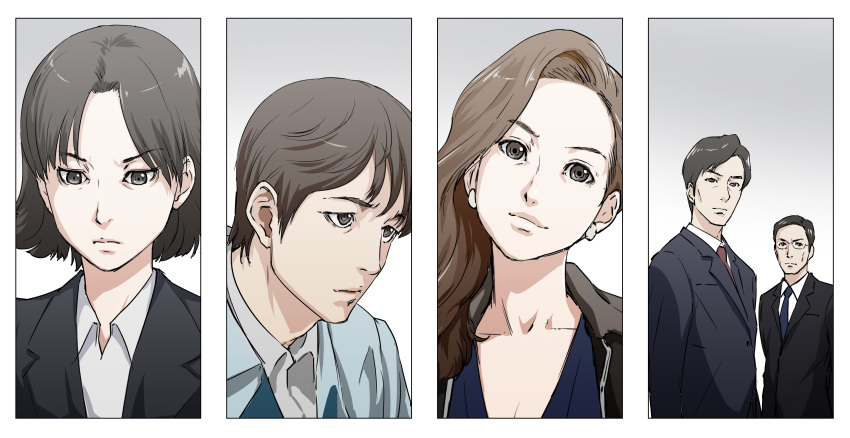 2girls, 3boys, absurdres, akasaka_hideki, black_eyes, black_hair, formal, godzilla_(series)