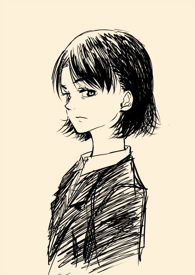 1girl, black_hair, godzilla_(series), mizukami_satoshi, monochrome, ogashira_hiromi, shin_godzilla, short_hair