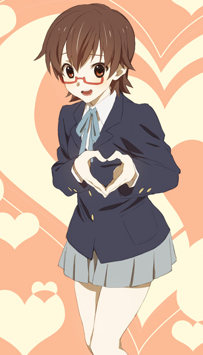 brown_hair, glasses, heart, heart_hands, k-on!, manabe_nodoka, moe_moe_kyun!, red-framed_glasses