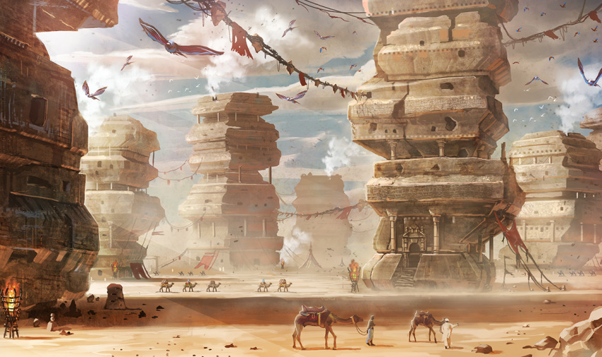 akamidoriao_(rgb), bird, camel, city, clouds, desert, fire, flag