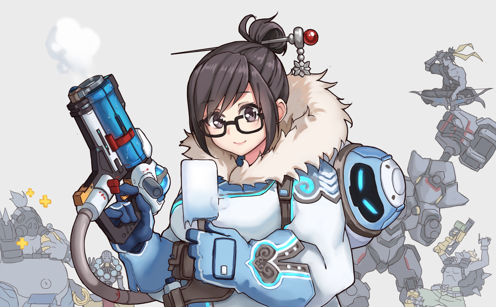 1girl, 5boys, armor, bow_(weapon), coat, glasses, gloves, gun