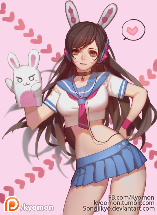1girl, :3, alternate_costume, animal_ears, brown_hair, crop_top, d.va_(overwatch), hand_puppet