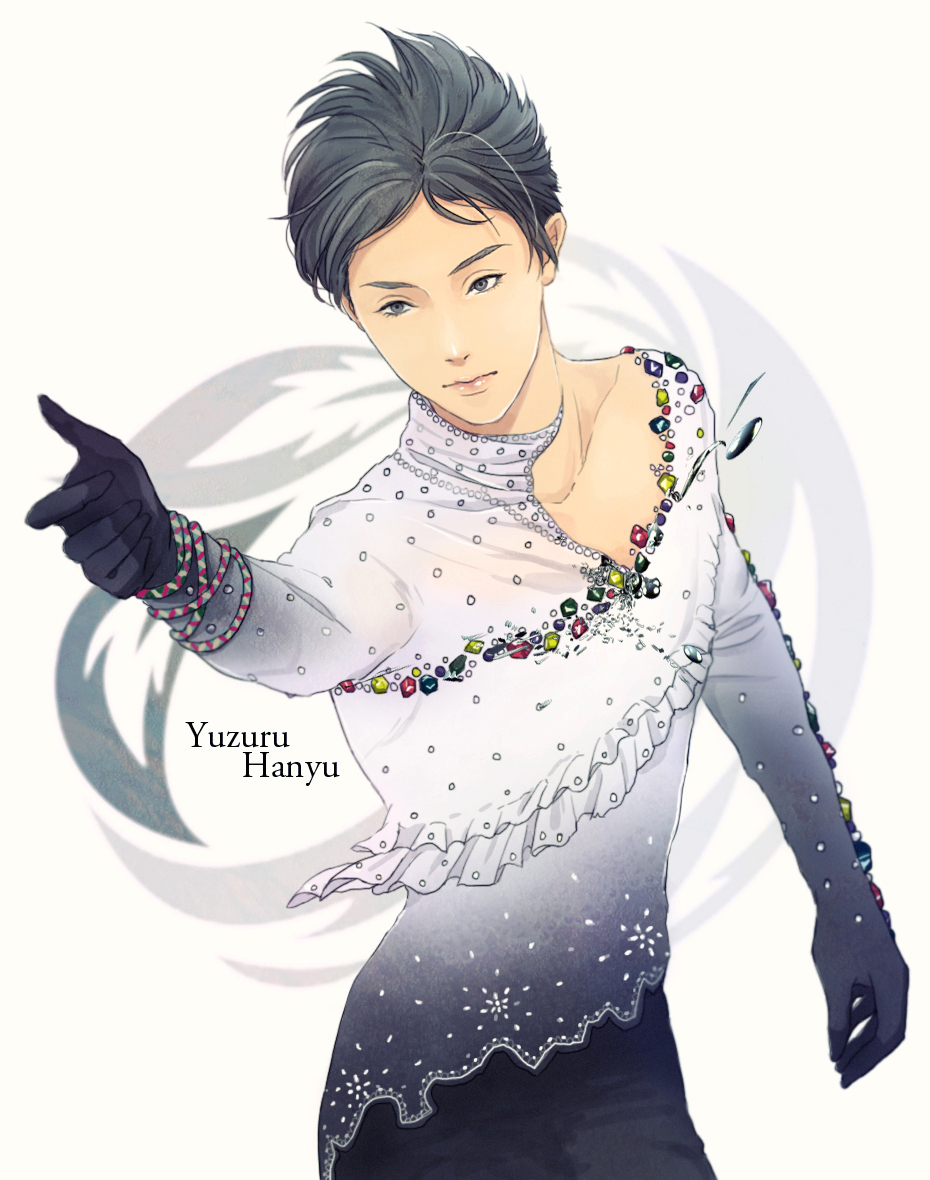 1boy, 2014_winter_olympics, asymmetrical_clothes, black_gloves, black_hair, character_name, cowboy_shot, gloves