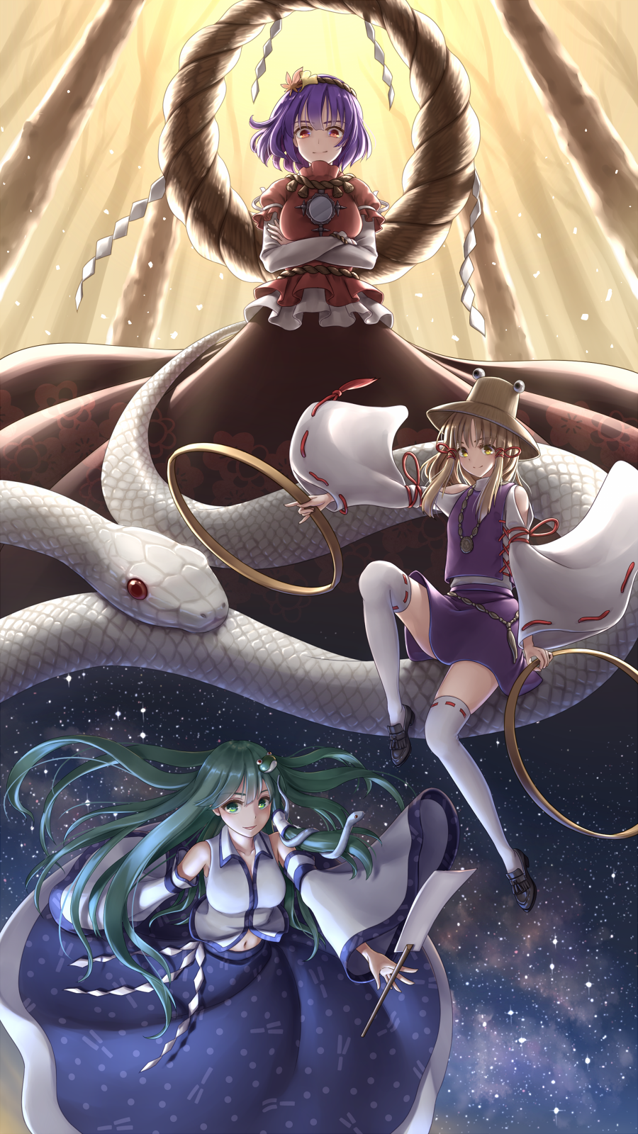 3girls, albino, bare_tree, blonde_hair, blue_hair, blue_skirt, crossed_arms, detached_sleeves