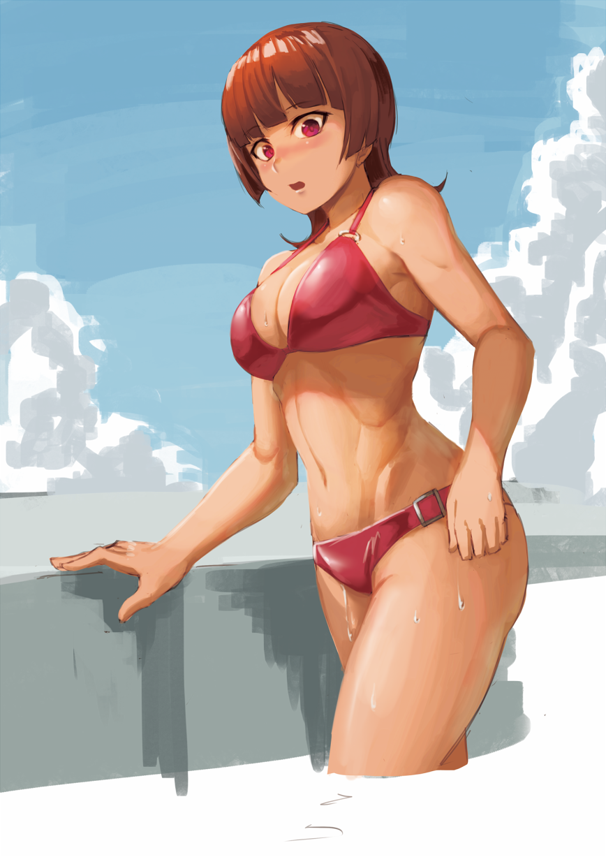 1girl, active_raid, blue_sky, blush, breasts, brown_hair, cleavage, clouds