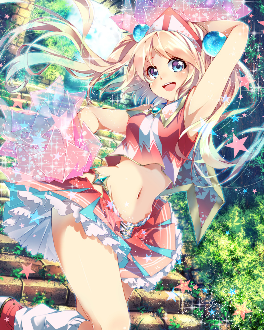 1girl, animal_ears, arm_up, blonde_hair, blue_eyes, cheerleader, highres, long_hair